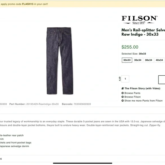 Filson Men's Rail-splitter Selvedge Jeans - 32x33 - Picture 2 of 6